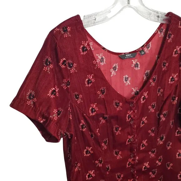 Obey Size M Dress Rouge Mini Floral Crinkle Velvet Button Front Ox Blood Red - Picture 7 of 12